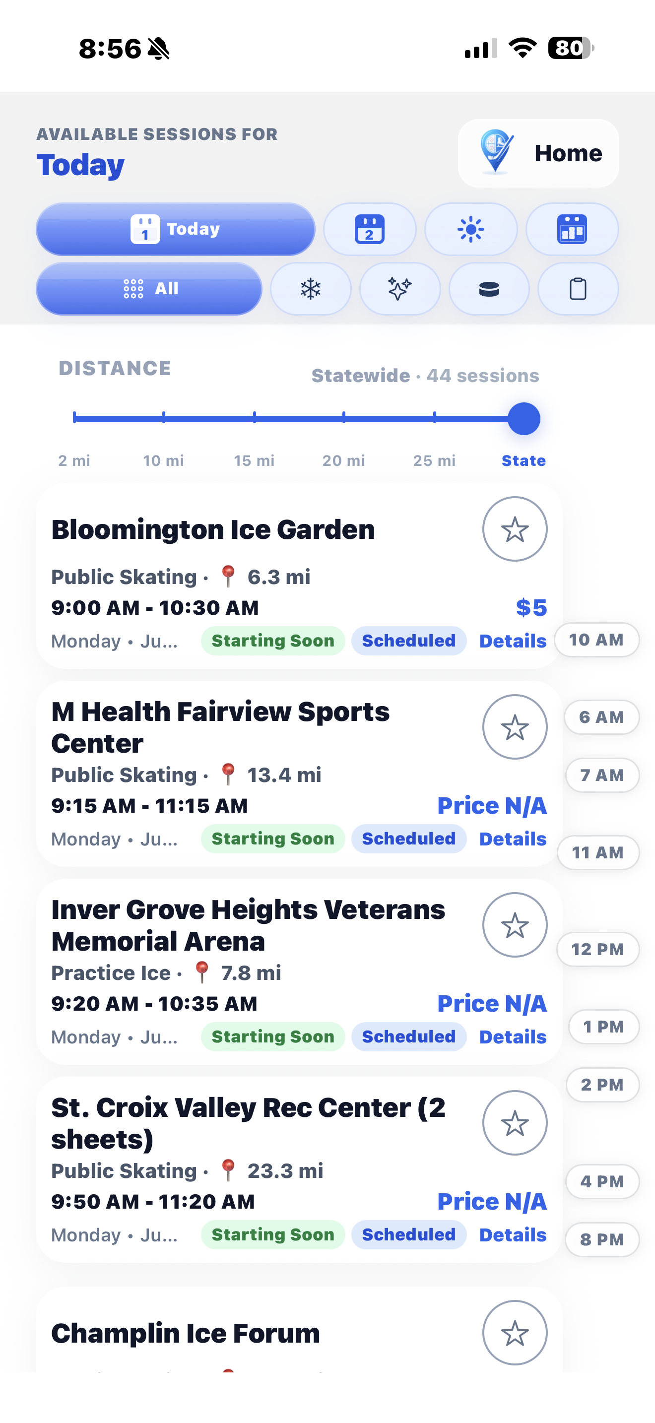 Ice Rink Finder results screen on iPhone — list of nearby public skating sessions with distance and price